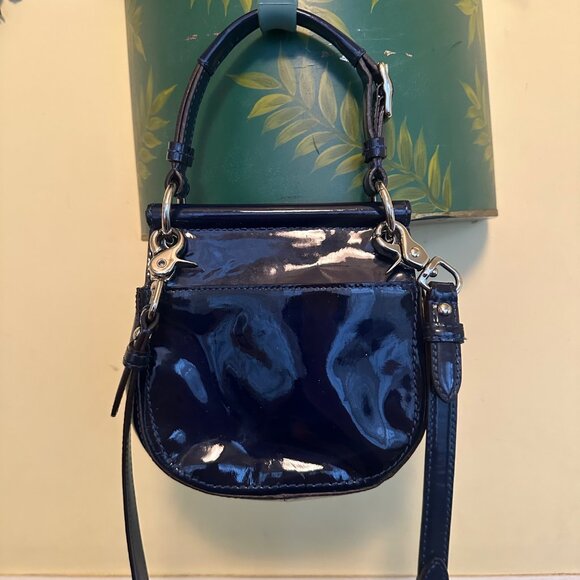 Coach Navy Patent Leather Mini Crossbody Bag With Striped Fabric Lining & Tassel - Picture 2 of 9